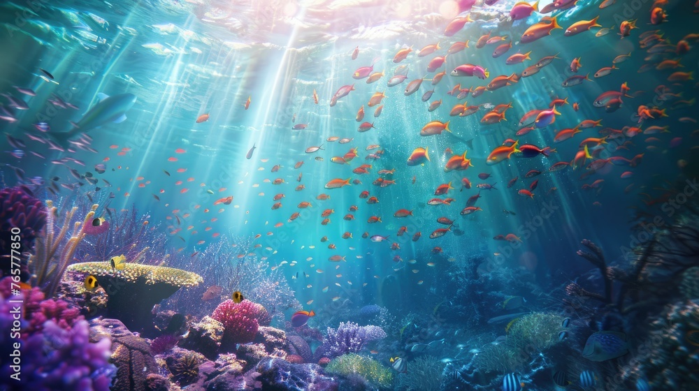 Fototapeta premium Underwater scene with a school of fish circling a coral reef, rays of sunlight filtering through.
