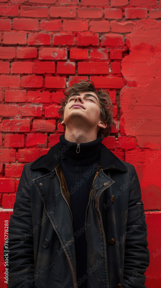 Portrait of Caucasian attractive man against background of red brick wall Portrait of Caucasian attractive man against background of red brick wall