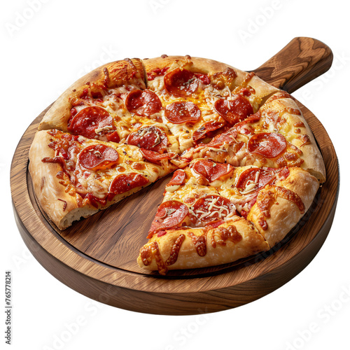 Pizza with one slice removed on a wooden serving tray on an isolated background