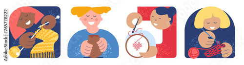 Hobby of needlework and sewing hands. Ceramics. Human making pots in workshop. Woman in the process of knitting. Crochet hobby. Sketch vector illustration.