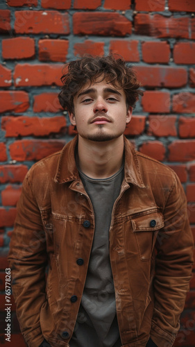 Portrait of Caucasian attractive man against background of red brick wall