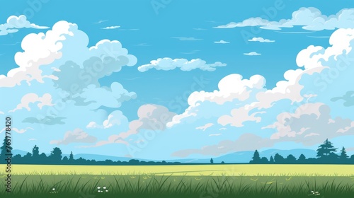Grass Field landscape with blue sky and white cloud. Blue sky clouds sunny day wallpaper. Cartoon illustration of a Grass Field with blue sky in Summer. green field in a day. © jokerhitam289