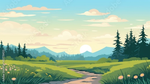 A mountain with road and blue sky. mountain Landscape with Blue Sky. landscape with mountains with blue sky clouds wallpaper. Cartoon illustration of a road in a field with mountain and clouds.