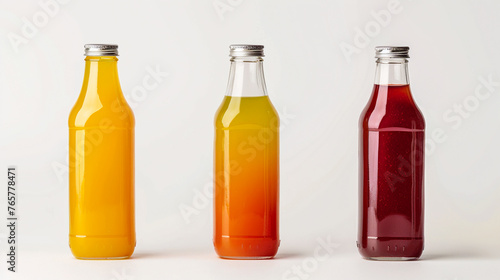 bottles with metal caps, filled with different juices, AI Generative.