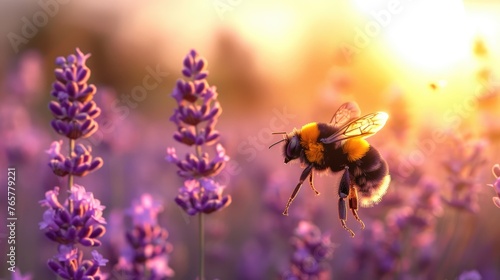 Sunset over a lavender field, a bumblebee in mid-flight. capturing the essence of serene nature. © banthita166