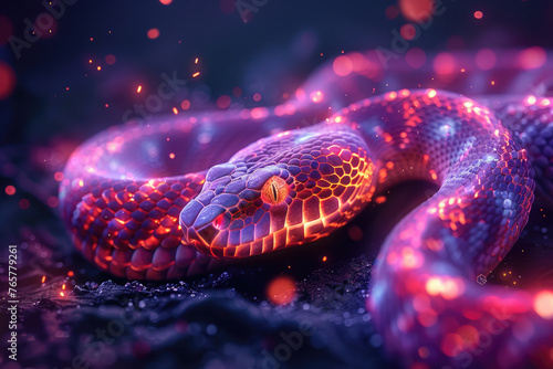Glowing Snake in Blue and Purple Light on Black Background - 2025 Year Illustration with Magical Aura