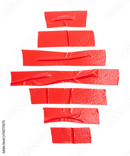 Top view set of red adhesive vinyl tape or cloth tape in stripes is isolated with clipping path in png file format