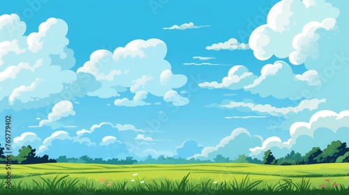 Blue sky clouds sunny day wallpaper. Grass Field landscape with blue sky and white cloud. Cartoon illustration of a Grass Field with blue sky in Summer. green field in a day