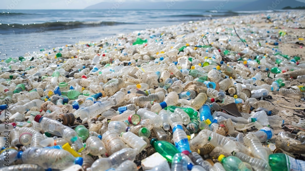 A distressing scene of countless plastic bottles and debris littering a beach, depicting the severe pollution affecting marine environments.