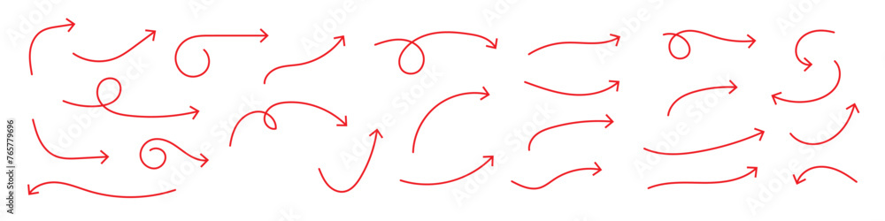 Set of vector curved arrows hand drawn. Sketch doodle style. Collection of pointers. Set of vector curved arrows hand drawn. Sketch doodle style. Collection of pointers.