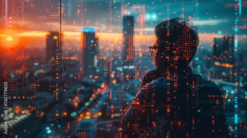 A UHD photo of a CEO or executive looking out of a window at a city skyline, with a double exposure effect