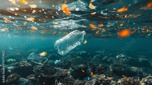 An underwater view of a clear plastic bottle amidst coral reefs, highlighting the intrusion of plastic pollution in marine ecosystems.