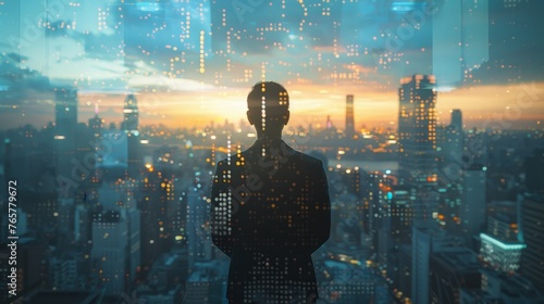A UHD photo of a CEO or executive looking out of a window at a city skyline  with a double exposure effect