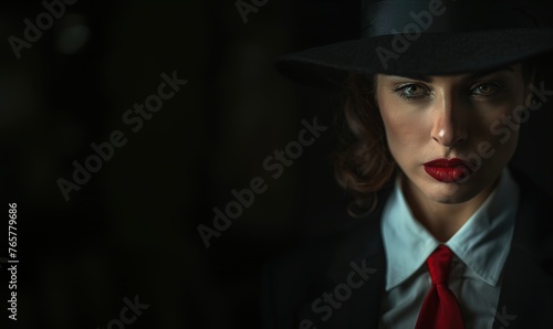 Woman in a hat casts a noir vibe, her gaze sharp, lips red, and attire suggesting intrigue. © Larisa