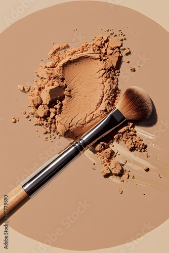 Polvo de maquillaje base en tono natural con brocha aplicadora sobre una superficie beige. Cosmeticos  photo
