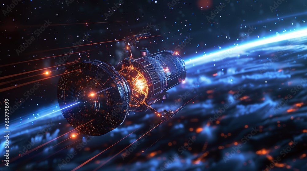 A stunning 3D visualization of a space station with glowing elements orbiting Earth, highlighted by the contrast of space and Earth's night lights.
