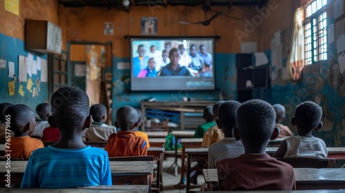 African school children attentively watching a television screen showing an educational program in a rural classroom setting. photo