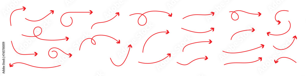 Set of vector curved arrows hand drawn. Sketch doodle style. Collection of pointers.
