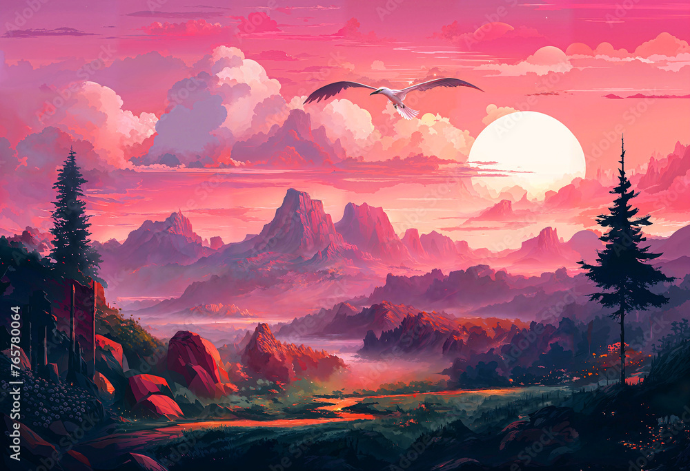 illustration beautiful sunset mountain landscape, background, fantasy