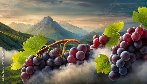 Surrealistyczny krajobraz, owoce czerwone winogrona. Abstrakcyjne tło © Iwona