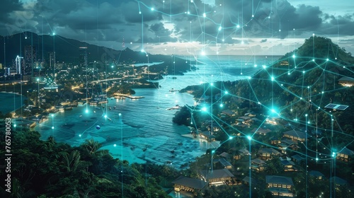 An imaginative depiction of a smart city, with a connected network overlaying a coastal urban area at twilight, illustrating advanced technology integration. © Rattanathip
