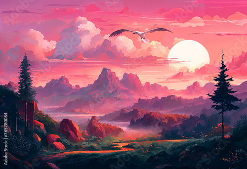 illustration beautiful sunset mountain landscape  background  fantasy