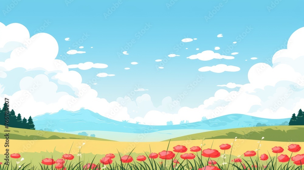Fototapeta premium Blue sky clouds sunny day wallpaper. Grass Field landscape with blue sky and white cloud. Cartoon illustration of a Grass Field with blue sky in Summer. green field in a day