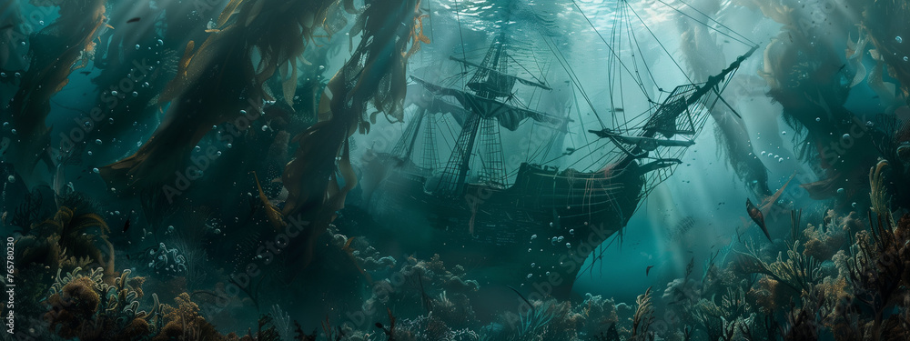 Obraz premium Sunken Ship Amongst Seaweed and Marine Life Underwater Scene