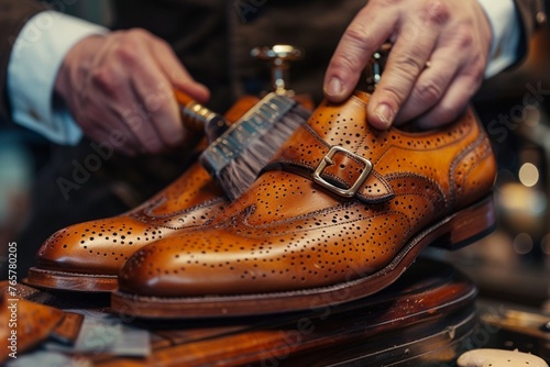 Man polishing leather double monk strap shoe closeup photo