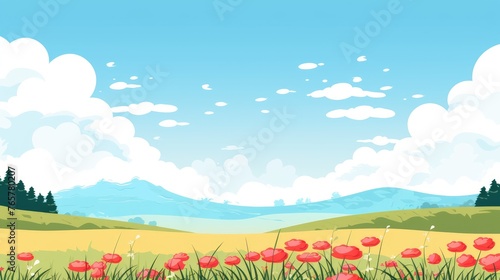 Blue sky clouds sunny day wallpaper. Grass Field landscape with blue sky and white cloud. Cartoon illustration of a Grass Field with blue sky in Summer. green field in a day
