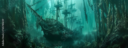 Mystical Underwater Scene of Shipwrecks with Marine Flora and Sunlight © heroimage.io