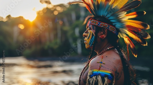 Profile of an indigenous individual wearing a vibrant feather headdress at sunset by the river, reflecting cultural beauty.