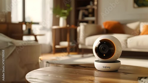 Modern cctv camera in living room. Ip security home camera. Smart home and security concept. Modern technology camera rotates. Smart video copy space photo