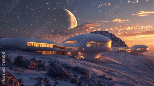 Concept art of a futuristic lunar base  glowing in the twilight of a space dawn with a crescent planet rise and starry sky.