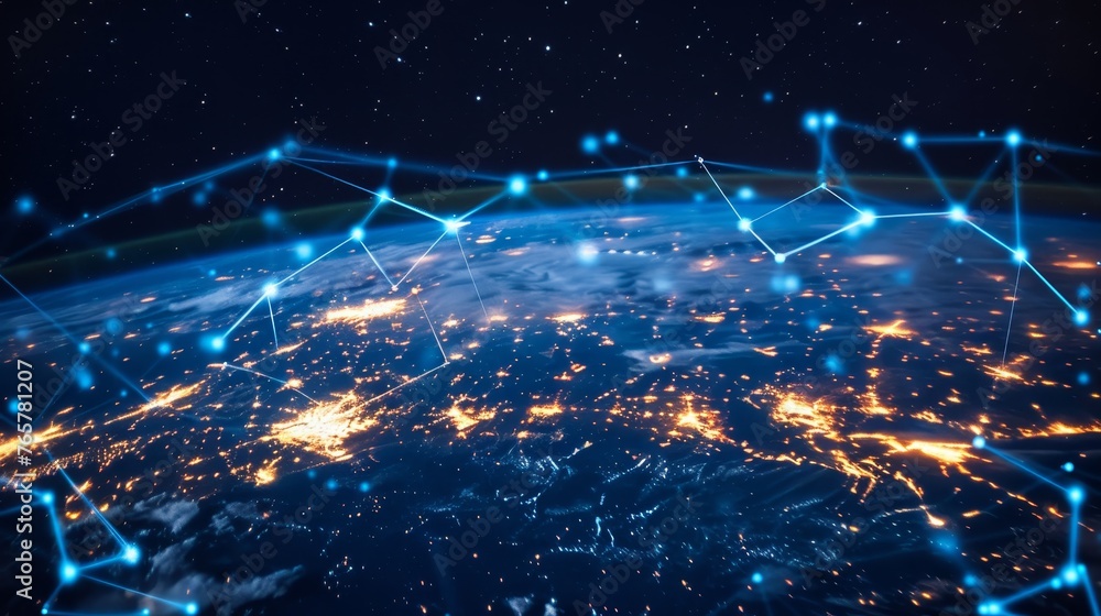 A view from space showcasing a network of digital connections overlaying the night lights of Earth's cities, symbolizing global communication.