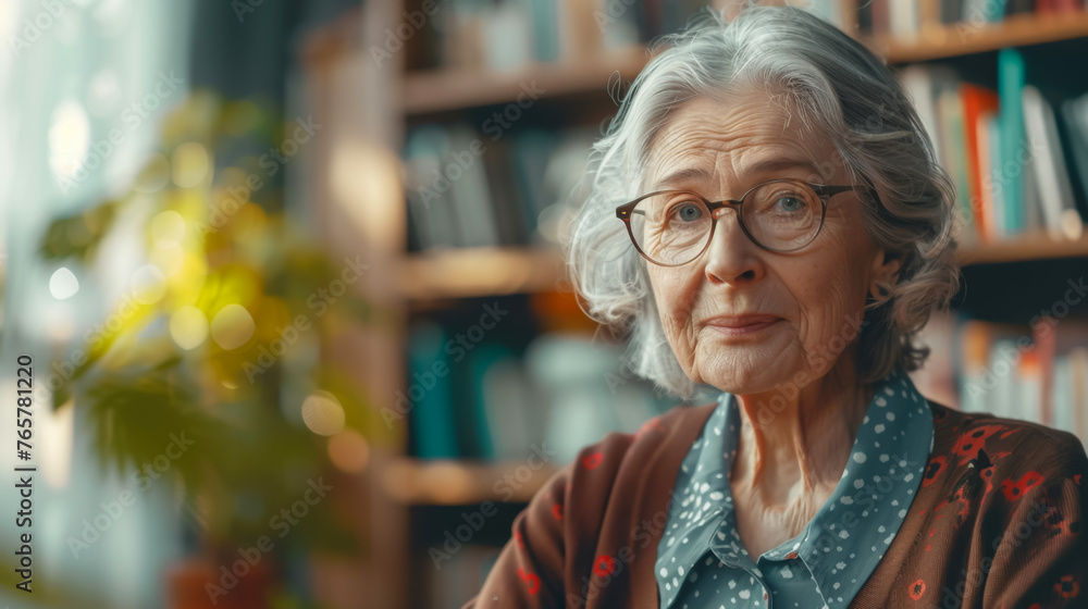 A senior woman with glasses, exuding wisdom and life experience, in a home library. A senior woman with glasses, exuding wisdom and life experience, in a home library.