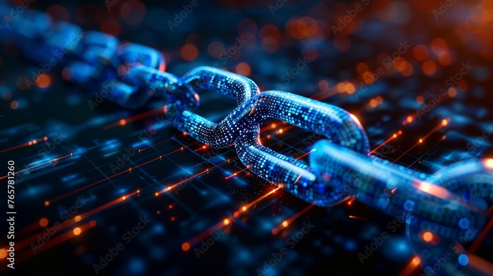 A close-up of a digital blockchain structure displayed as glowing links on a futuristic grid, symbolizing advanced secure data technology.