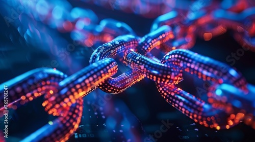 An abstract digital representation of blockchain technology, featuring a chain with glowing blue and red nodes signifying cryptographic security.