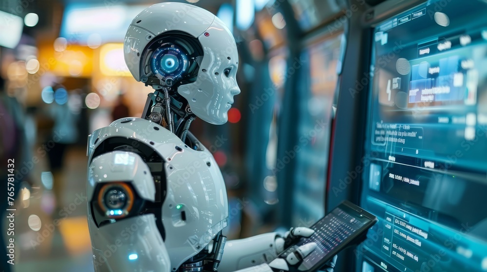 A humanoid robot with a complex eye mechanism is depicted operating a digital touchscreen interface in a technologically advanced environment. A humanoid robot with a complex eye mechanism is depicted operating a digital touchscreen interface in a technologically advanced environment.