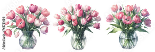 Watercolor illustration material set of pink tulips in a glass vase