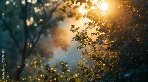 beautiful blurry view of sunlight with trees and leaves and morning dew, for wallpaper background