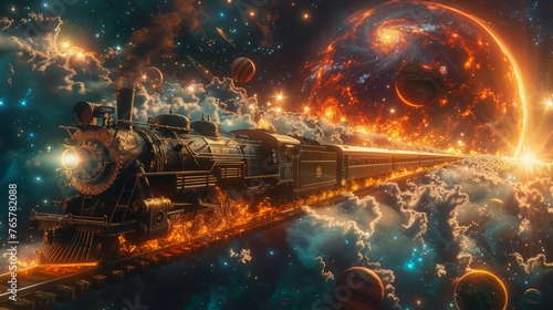 A train traveling through space. The train is surrounded by stars and planets.