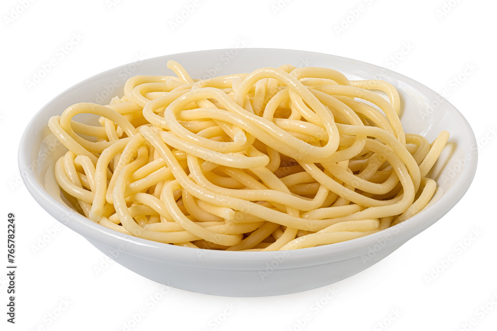 Cooked spaghetti in a white ceramic bowl isolated on white. Cooked spaghetti in a white ceramic bowl isolated on white.