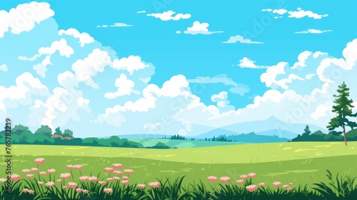 Blue sky clouds sunny day wallpaper. Grass Field landscape with blue sky and white cloud. Cartoon illustration of a Grass Field with blue sky in Summer. green field in a day