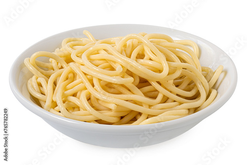 Cooked spaghetti in a white ceramic bowl isolated on white.