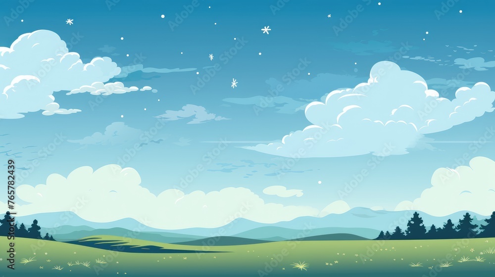 Blue sky clouds sunny day wallpaper. Grass Field landscape with blue sky and white cloud. Cartoon illustration of a Grass Field with blue sky in Summer. green field in a day