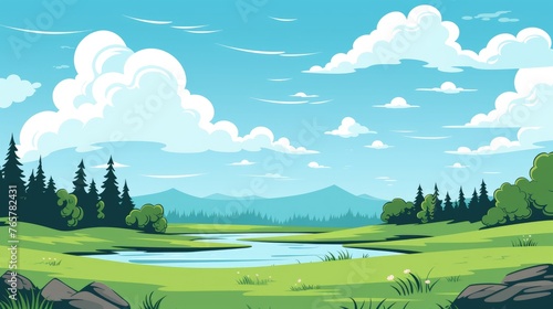 Grass Field landscape with blue sky and white cloud. Blue sky clouds sunny day wallpaper. Cartoon illustration of a Grass Field with blue sky in Summer. A mountain with Grass Field with blue sky.