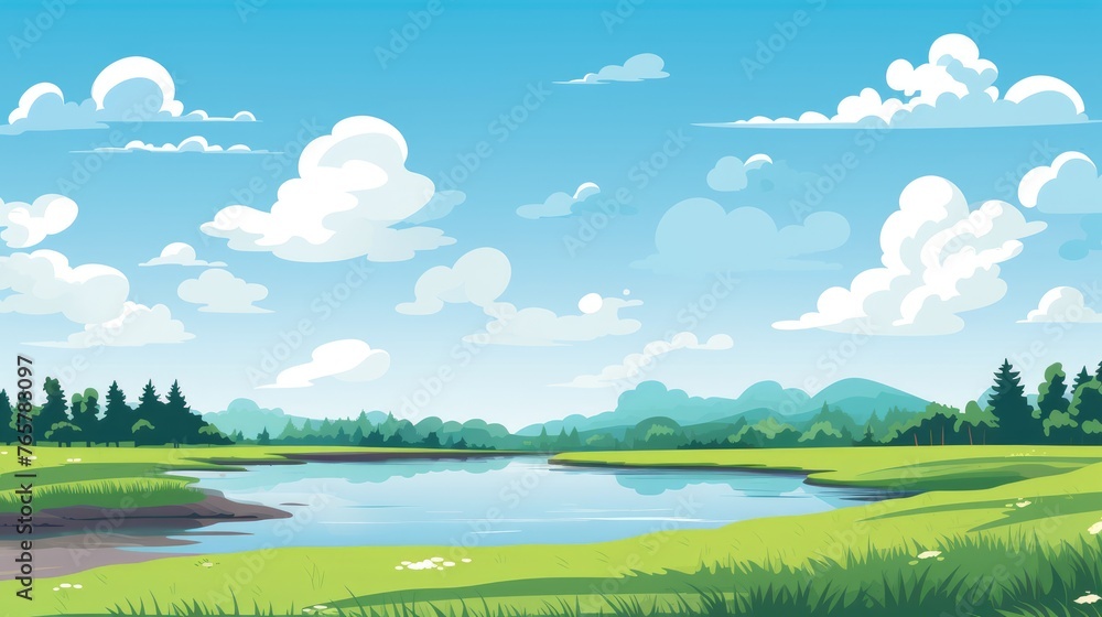 Blue sky clouds sunny day wallpaper. Grass Field landscape with blue sky and white cloud. Cartoon illustration of a Grass Field with blue sky in Summer. green field in a day Blue sky clouds sunny day wallpaper. Grass Field landscape with blue sky and white cloud. Cartoon illustration of a Grass Field with blue sky in Summer. green field in a day
