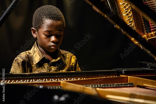A young boy focused on playing a grand piano with visible dedication.