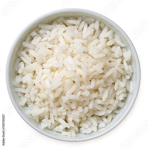 Cooked white rice in a white ceramic bowl isolated on white from above.